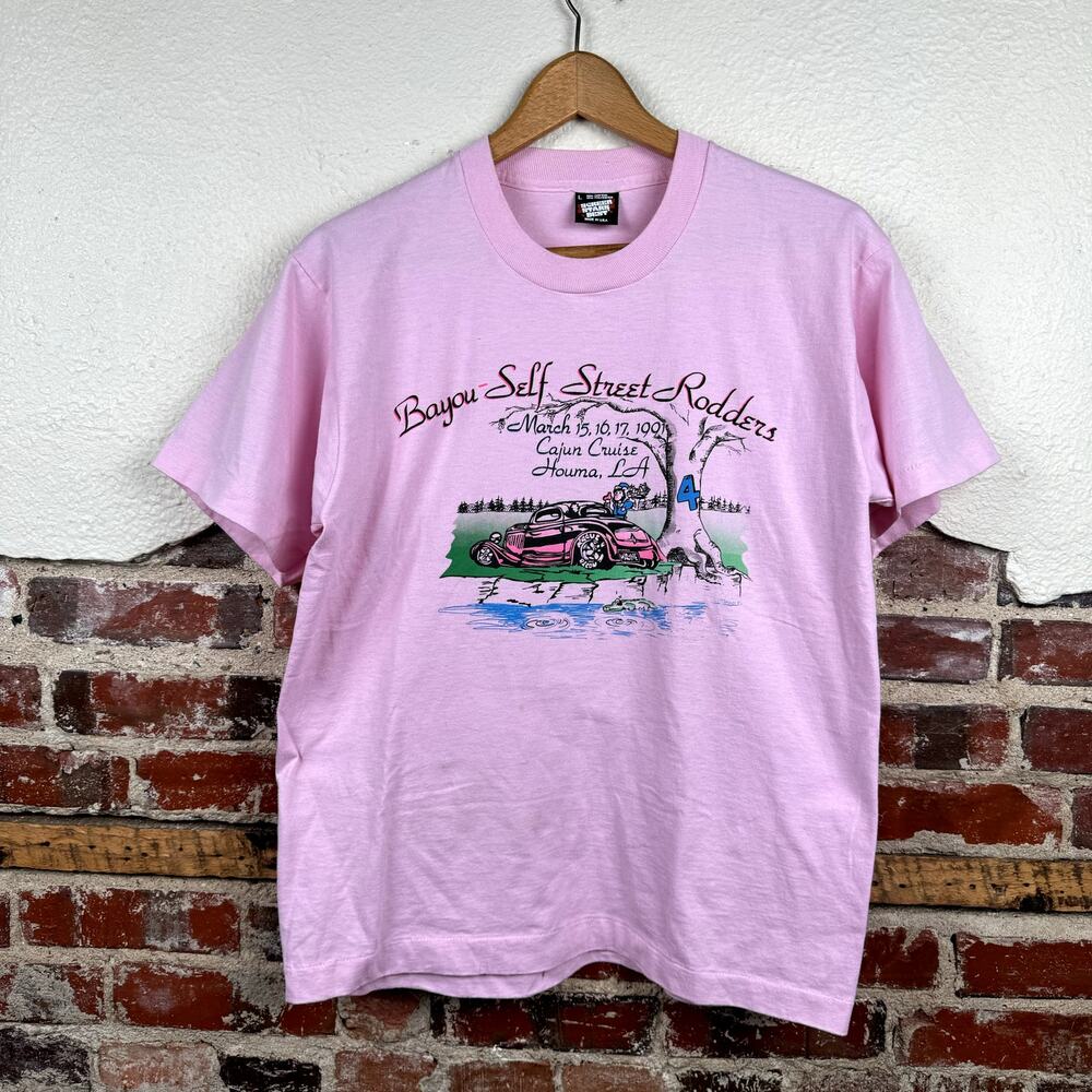 Vintage Rod Run Shirt Sz Large Pink Single Stitch Louisiana Bayou Cajun USA 90s